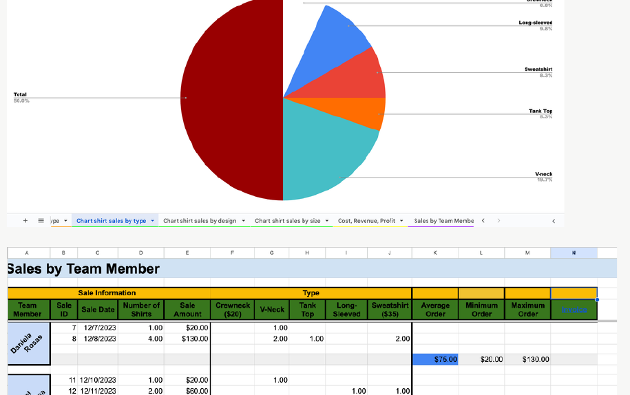 Pie chart of shirt sales by type